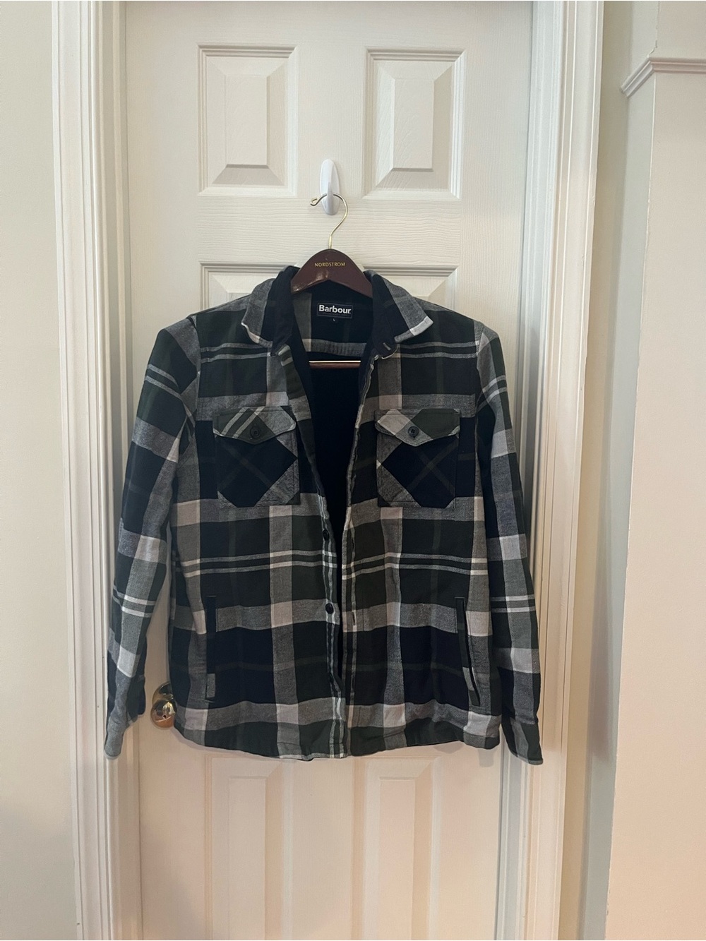 Barbour Black and Gray Fleece-Lined Plaid Shirt Jacket